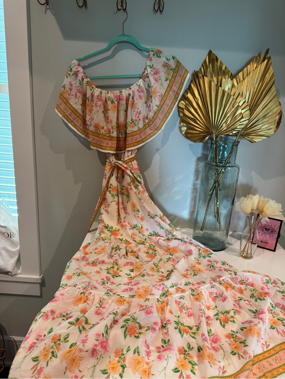 Pink Lily White Floral Off-Shoulder Maxi Dress with Pink and Yellow Blossoms